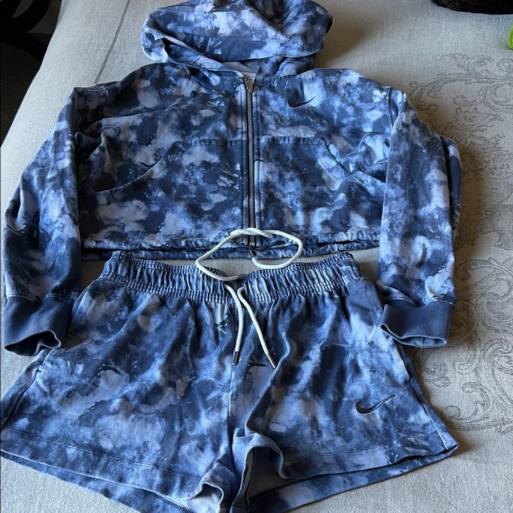 Nike Blue Tie-Dye Cropped Hoodie & Drawstring Shorts Set